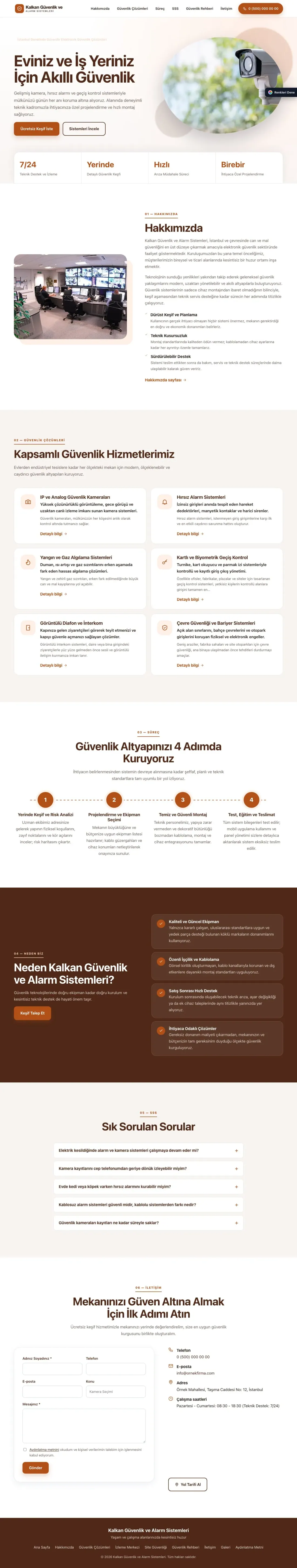 Güvenlik ve Alarm için Tek Sayfa Kahve Turuncu – Güvenlik ve Alarm Web Sitesi ana sayfa görünümü