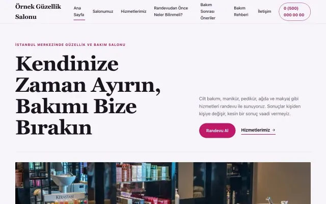 Güzellik Salonu için Editoryal Mor Pembe – Güzellik Salonu Web Sitesi ana sayfa görünümü