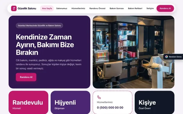 Güzellik Salonu için Mozaik Mor Pembe – Güzellik Salonu Web Sitesi ana sayfa görünümü