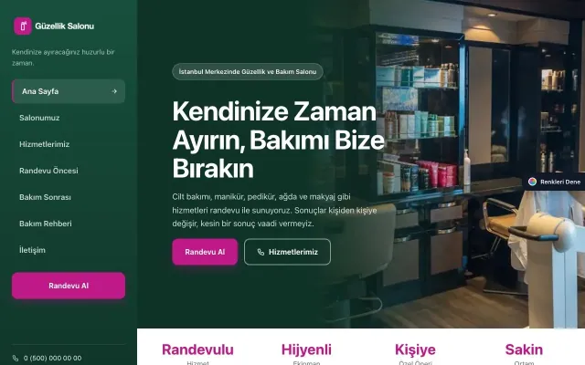 Güzellik Salonu için Sol Menü Petrol Pembe – Güzellik Salonu Web Sitesi ana sayfa görünümü