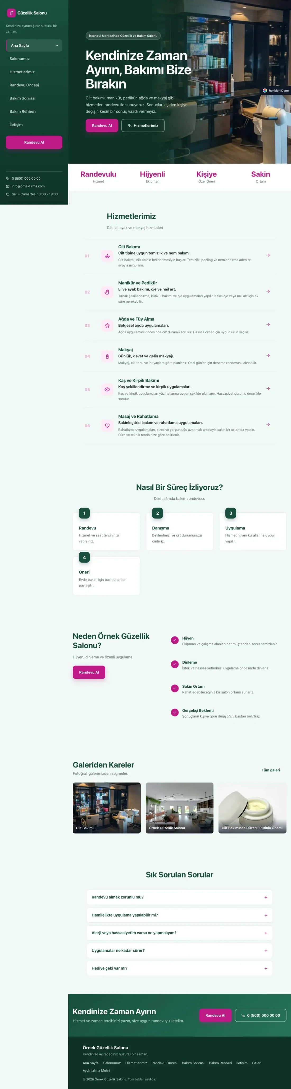 Güzellik Salonu için Sol Menü Petrol Pembe – Güzellik Salonu Web Sitesi ana sayfa görünümü