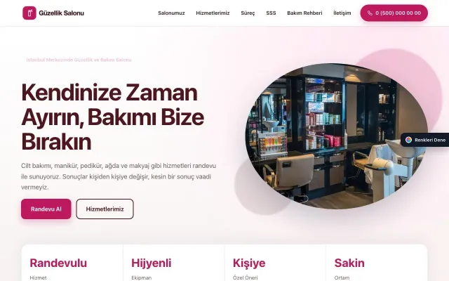 Güzellik Salonu için Tek Sayfa Bordo Pembe – Güzellik Salonu Web Sitesi ana sayfa görünümü