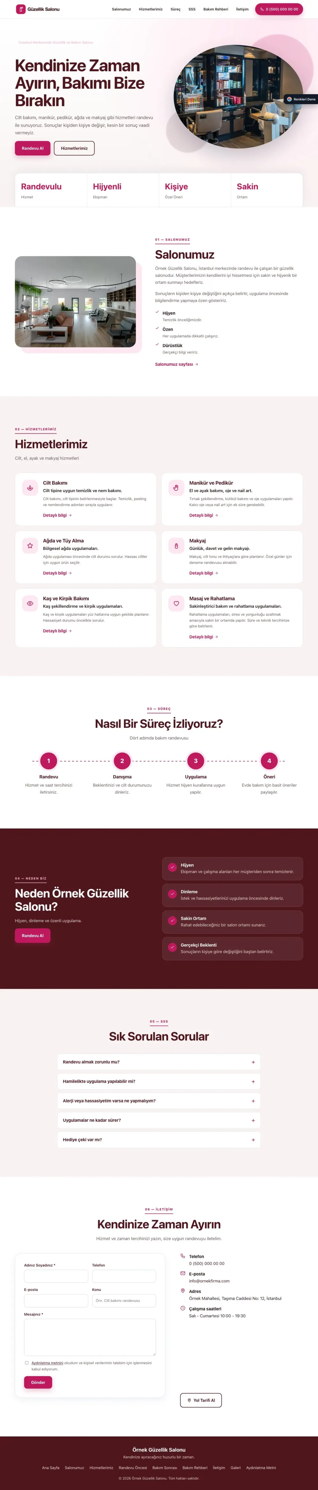 Güzellik Salonu için Tek Sayfa Bordo Pembe – Güzellik Salonu Web Sitesi ana sayfa görünümü