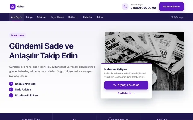Bölünmüş Lacivert Mor – Haber Sitesi Web Sitesi ana sayfa görünümü