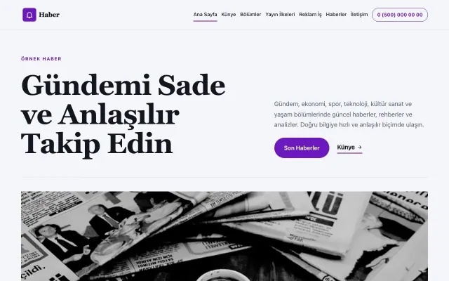 Dergi Editoryal Lacivert Mor – Haber Sitesi Web Sitesi ana sayfa görünümü