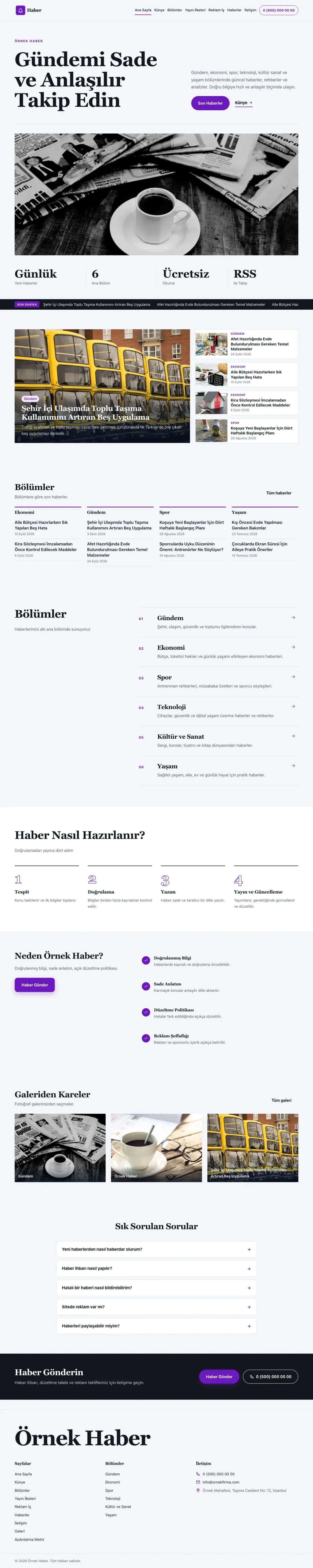 Dergi Editoryal Lacivert Mor – Haber Sitesi Web Sitesi ana sayfa görünümü