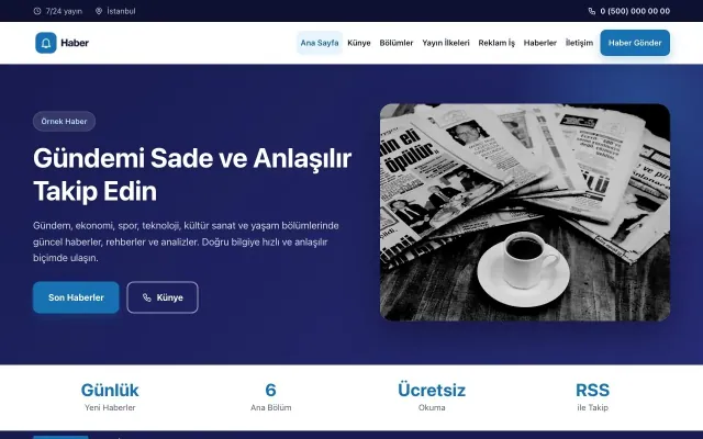 Klasik Lacivert Mavi – Haber Sitesi Web Sitesi ana sayfa görünümü