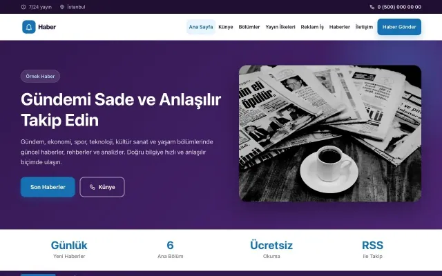 Klasik Mor Mavi – Haber Sitesi Web Sitesi ana sayfa görünümü