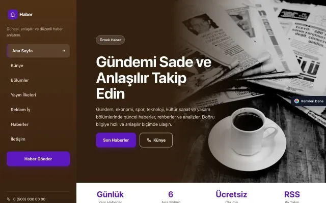 Haber Sitesi için Sol Menü Kahve Mor – Haber Sitesi Web Sitesi ana sayfa görünümü