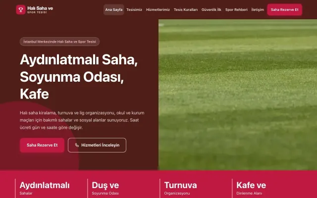 Halı Saha ve Spor Tesisi için Blok Bordo Kırmızı – Halı Saha ve Spor Tesisi Web Sitesi ana sayfa görünümü