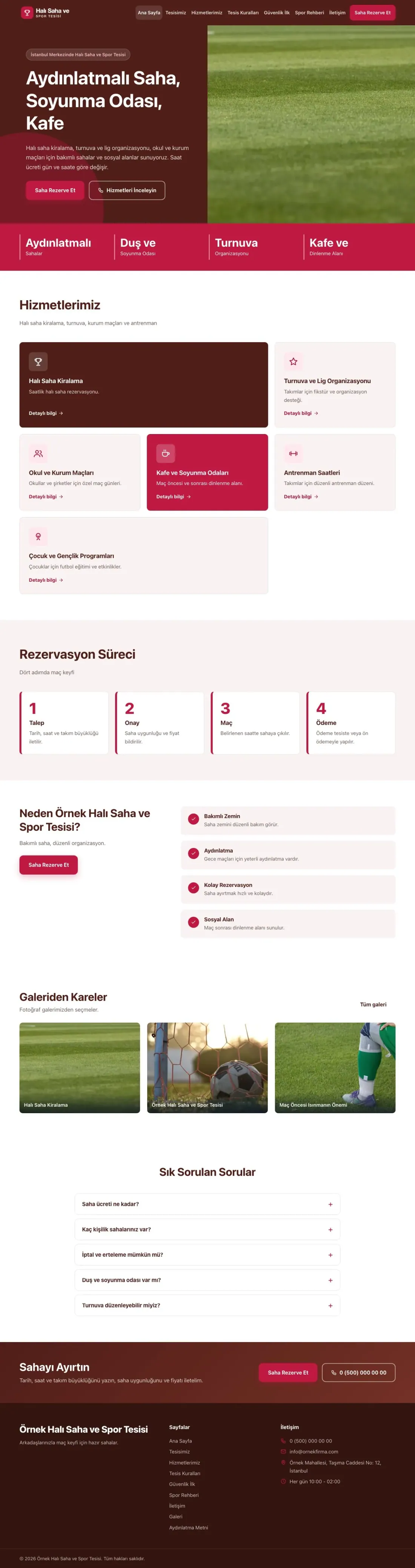 Halı Saha ve Spor Tesisi için Blok Bordo Kırmızı – Halı Saha ve Spor Tesisi Web Sitesi ana sayfa görünümü