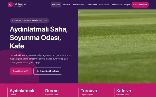 Halı Saha ve Spor Tesisi için Blok Mor Pembe – Halı Saha ve Spor Tesisi Web Sitesi ana sayfa görünümü