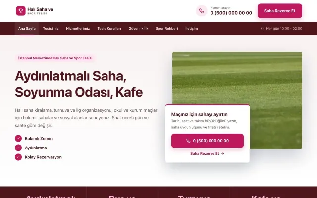 Halı Saha ve Spor Tesisi için Bölünmüş Bordo Pembe – Halı Saha ve Spor Tesisi Web Sitesi ana sayfa görünümü