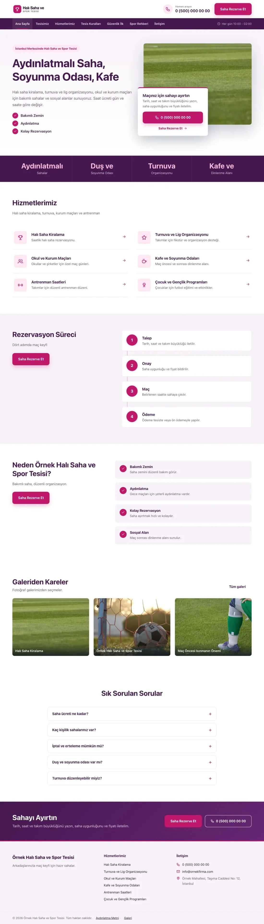 Halı Saha ve Spor Tesisi için Bölünmüş Mor Pembe – Halı Saha ve Spor Tesisi Web Sitesi ana sayfa görünümü