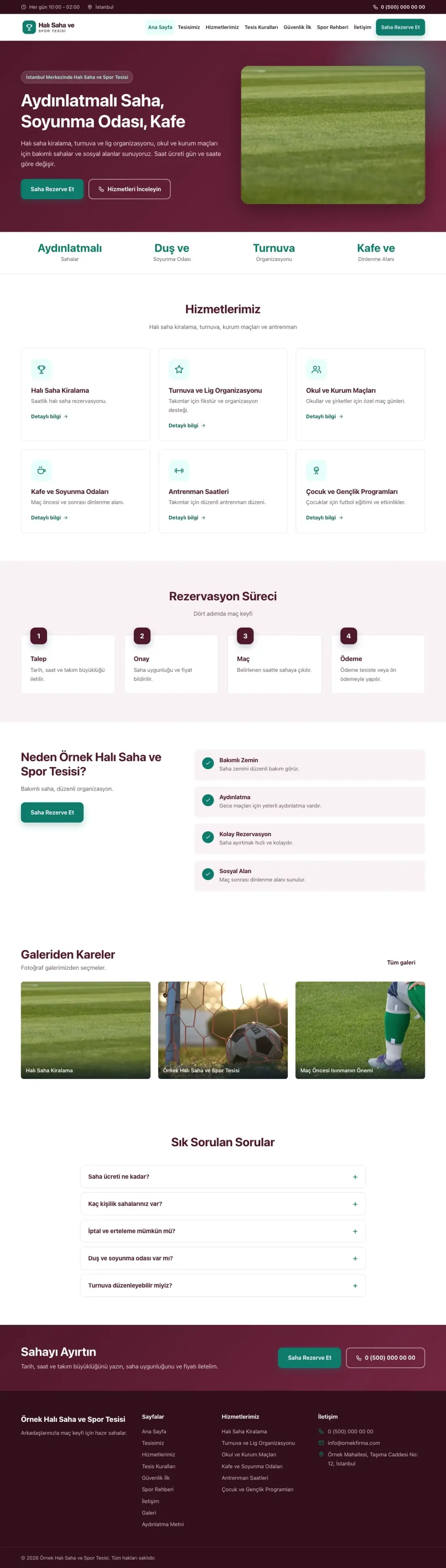 Halı Saha ve Spor Tesisi için Klasik Bordo Turkuaz – Halı Saha ve Spor Tesisi Web Sitesi ana sayfa görünümü