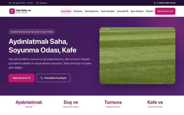 Halı Saha ve Spor Tesisi için Klasik Mor Pembe – Halı Saha ve Spor Tesisi Web Sitesi ana sayfa görünümü