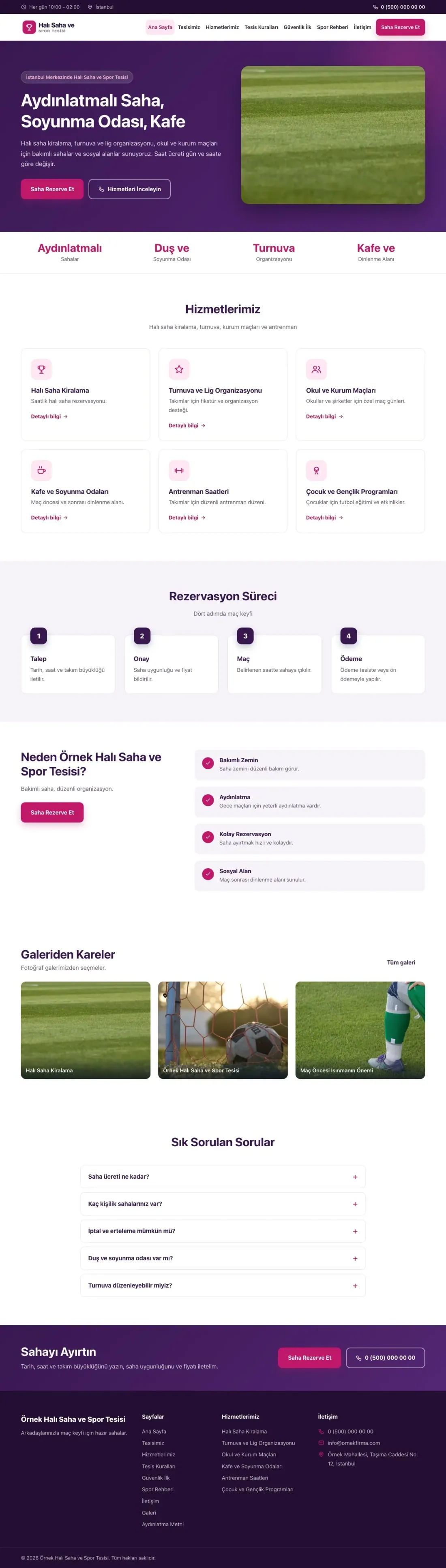 Halı Saha ve Spor Tesisi için Klasik Mor Pembe – Halı Saha ve Spor Tesisi Web Sitesi ana sayfa görünümü