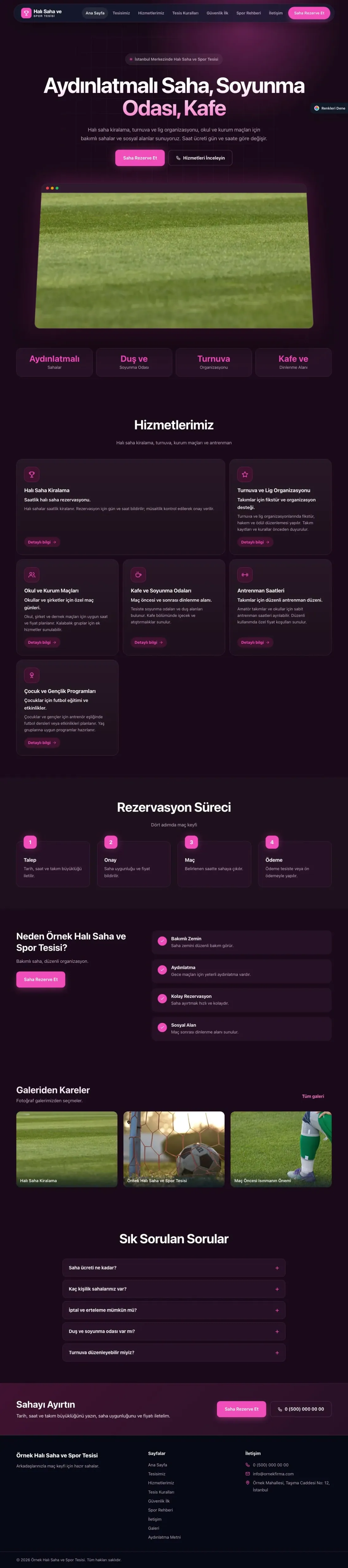 Halı Saha ve Spor Tesisi için Koyu Modern Erik Pembe – Halı Saha ve Spor Tesisi Web Sitesi ana sayfa görünümü