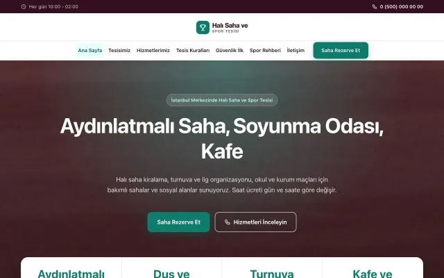 Halı Saha ve Spor Tesisi için Merkez Erik Turkuaz – Halı Saha ve Spor Tesisi Web Sitesi ana sayfa görünümü