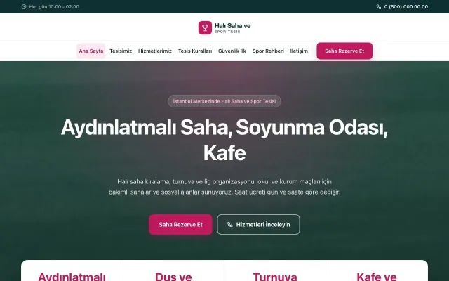 Halı Saha ve Spor Tesisi için Merkez Petrol Pembe – Halı Saha ve Spor Tesisi Web Sitesi ana sayfa görünümü
