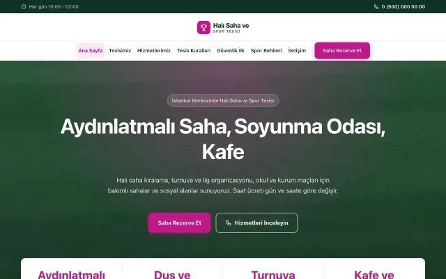 Halı Saha ve Spor Tesisi için Merkez Petrol Pembe II – Halı Saha ve Spor Tesisi Web Sitesi ana sayfa görünümü