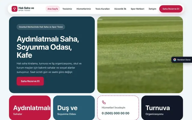 Halı Saha ve Spor Tesisi için Mozaik Mavi Kırmızı – Halı Saha ve Spor Tesisi Web Sitesi ana sayfa görünümü