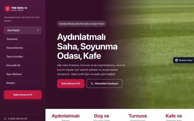 Halı Saha ve Spor Tesisi için Sol Menü Erik Kırmızı – Halı Saha ve Spor Tesisi Web Sitesi ana sayfa görünümü