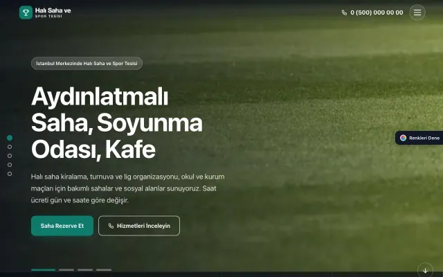 Halı Saha ve Spor Tesisi için Tam Ekran Mavi Turkuaz – Halı Saha ve Spor Tesisi Web Sitesi ana sayfa görünümü