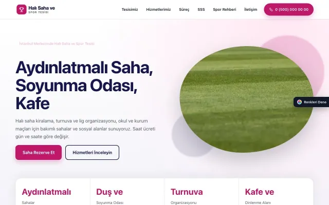 Halı Saha ve Spor Tesisi için Tek Sayfa Lacivert Pembe – Halı Saha ve Spor Tesisi Web Sitesi ana sayfa görünümü