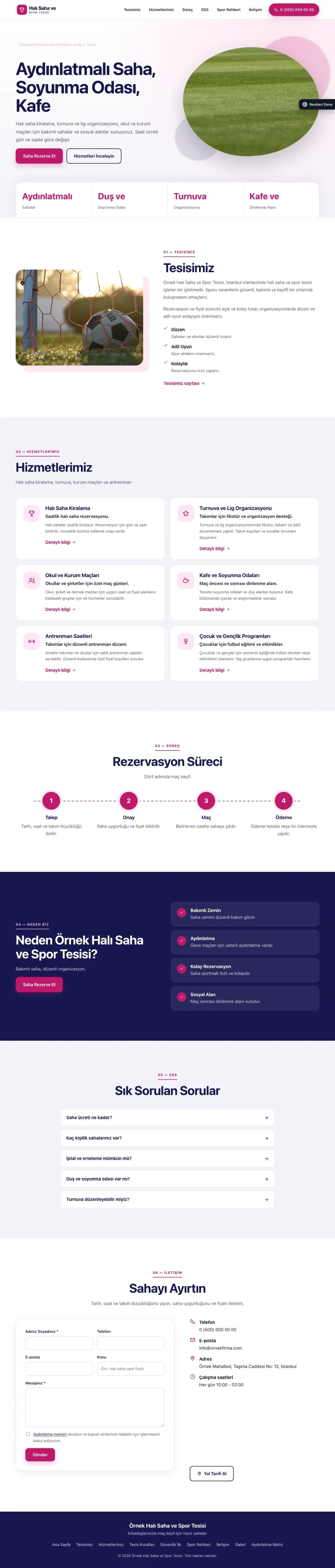 Halı Saha ve Spor Tesisi için Tek Sayfa Lacivert Pembe – Halı Saha ve Spor Tesisi Web Sitesi ana sayfa görünümü