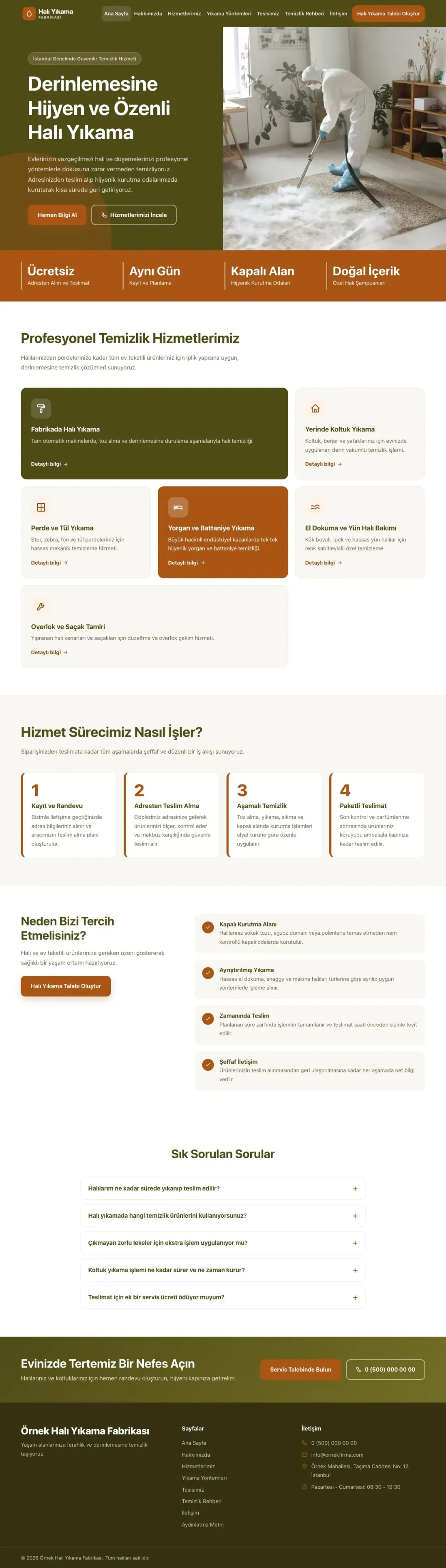 Blok Zeytin Turuncu – Halı Yıkama Web Sitesi ana sayfa görünümü