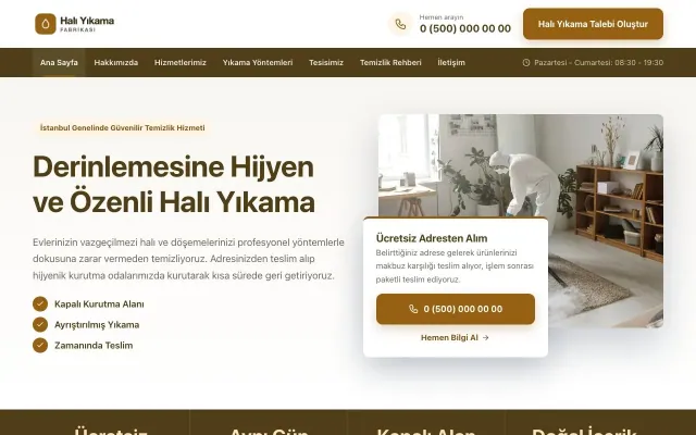 Bölünmüş Kahve Turuncu – Halı Yıkama Web Sitesi ana sayfa görünümü