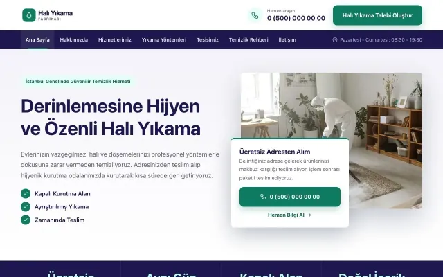 Bölünmüş Lacivert Turkuaz – Halı Yıkama Web Sitesi ana sayfa görünümü