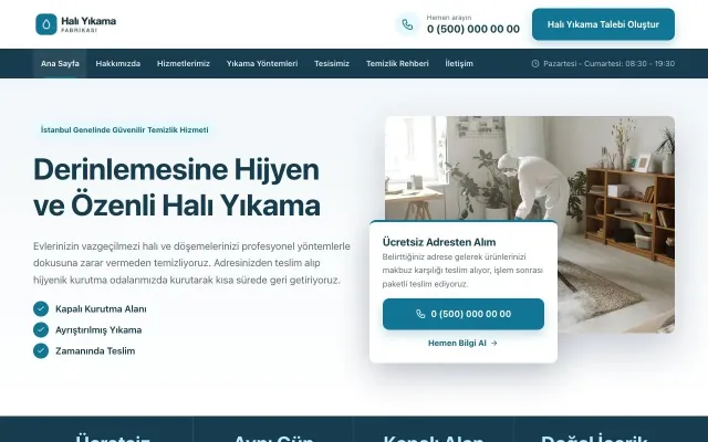 Bölünmüş Mavi Turkuaz – Halı Yıkama Web Sitesi ana sayfa görünümü