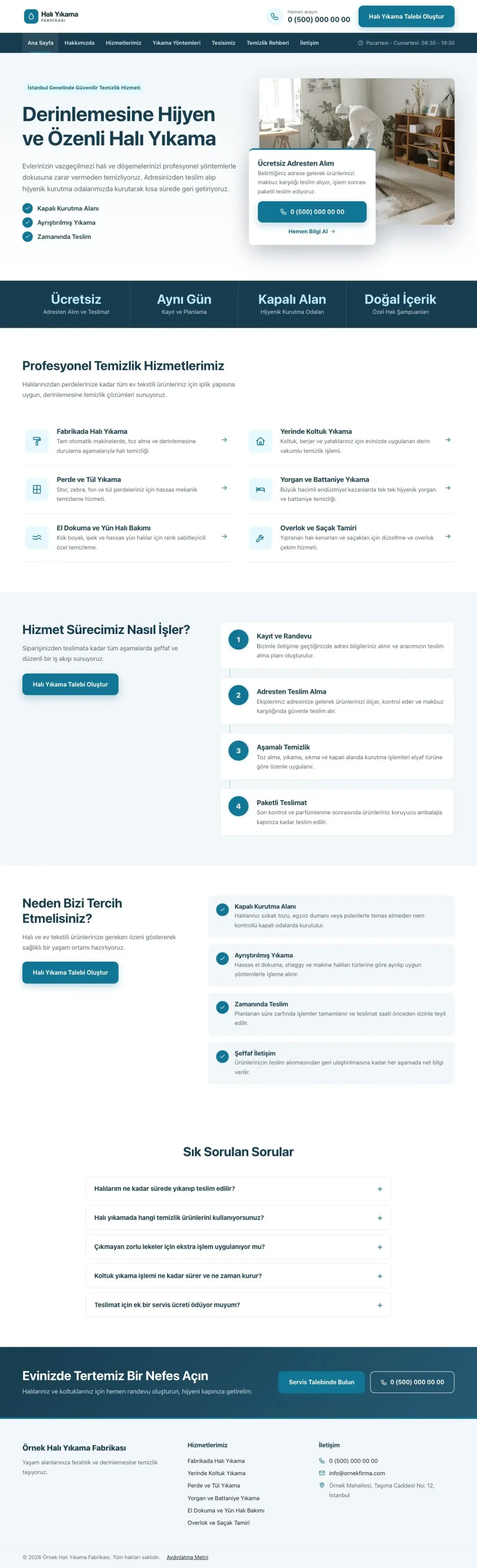 Bölünmüş Mavi Turkuaz – Halı Yıkama Web Sitesi ana sayfa görünümü