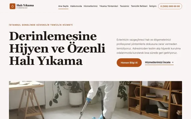 Editoryal Kahve Turuncu – Halı Yıkama Web Sitesi ana sayfa görünümü
