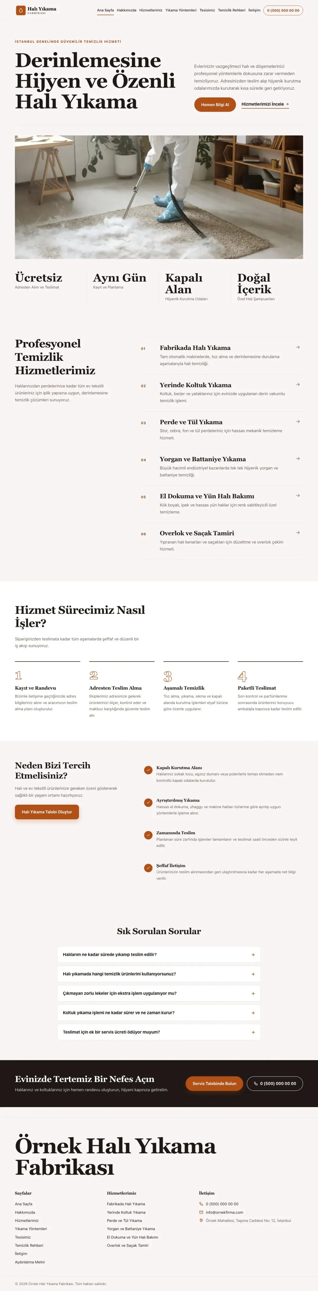 Editoryal Kahve Turuncu – Halı Yıkama Web Sitesi ana sayfa görünümü