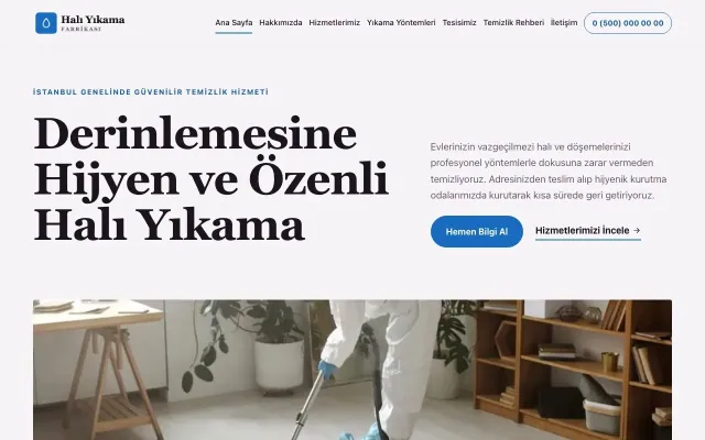 Editoryal Mor Mavi – Halı Yıkama Web Sitesi ana sayfa görünümü