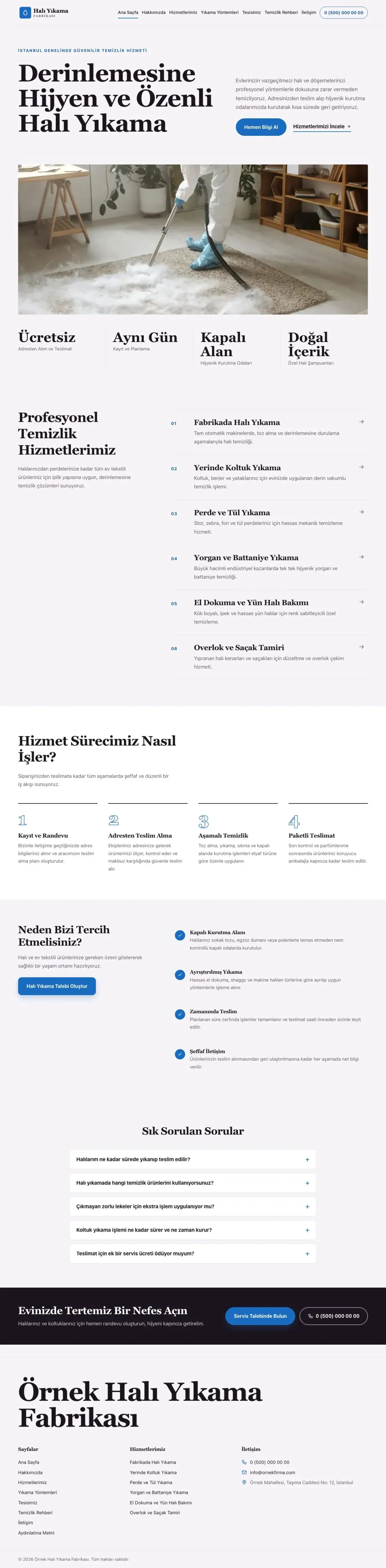 Editoryal Mor Mavi – Halı Yıkama Web Sitesi ana sayfa görünümü