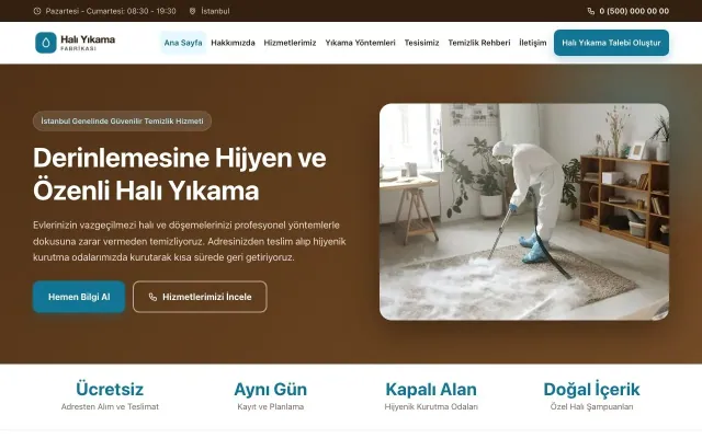 Klasik Kahve Turkuaz – Halı Yıkama Web Sitesi ana sayfa görünümü