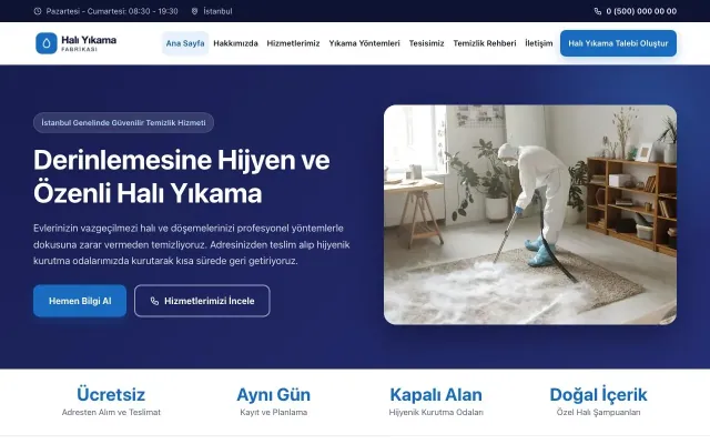 Klasik Lacivert Mavi – Halı Yıkama Web Sitesi ana sayfa görünümü