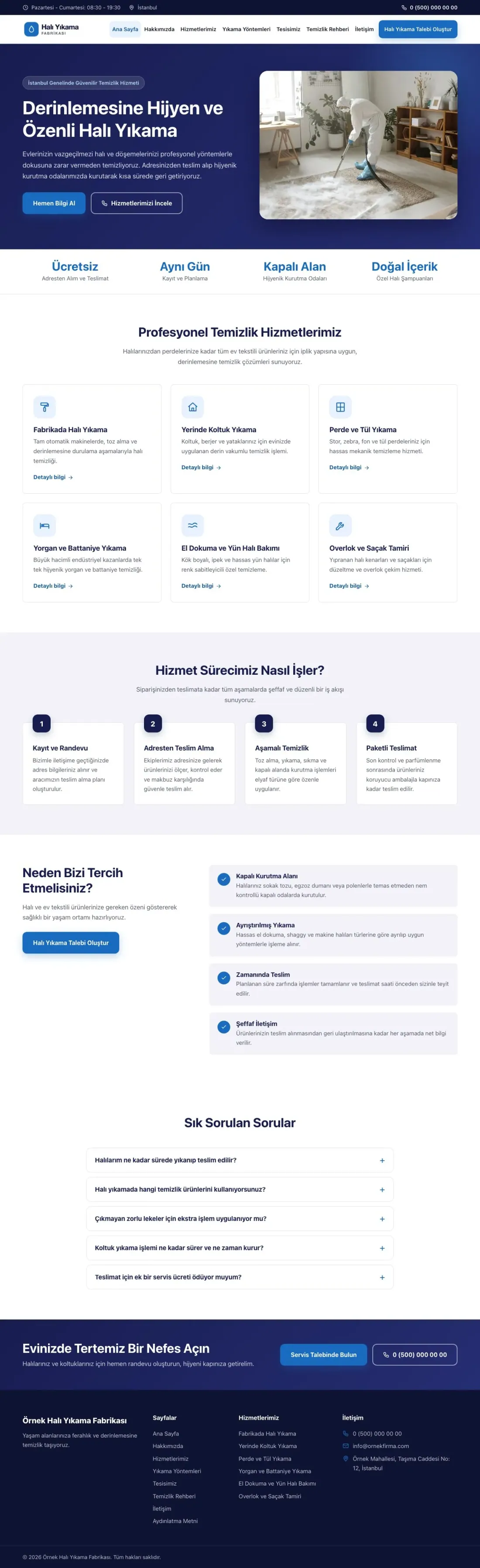 Klasik Lacivert Mavi – Halı Yıkama Web Sitesi ana sayfa görünümü