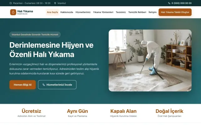 Klasik Petrol Turuncu – Halı Yıkama Web Sitesi ana sayfa görünümü