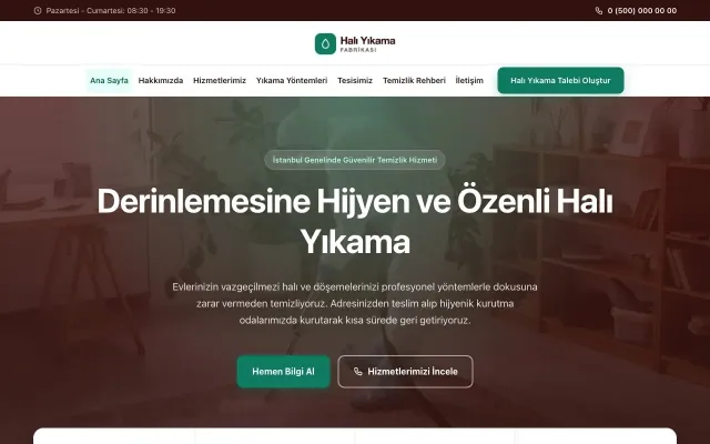Merkez Bordo Turkuaz – Halı Yıkama Web Sitesi ana sayfa görünümü