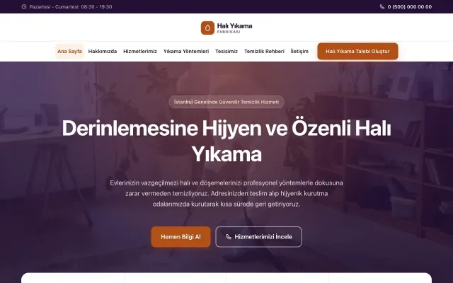 Merkez Mor Turuncu – Halı Yıkama Web Sitesi ana sayfa görünümü