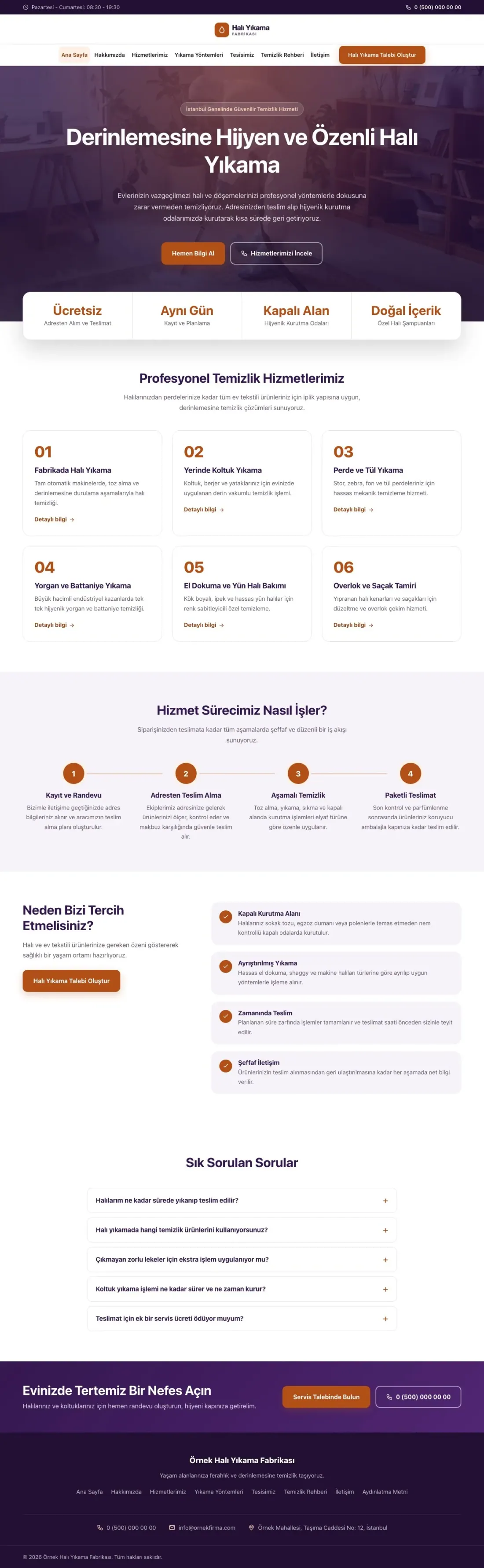 Merkez Mor Turuncu – Halı Yıkama Web Sitesi ana sayfa görünümü