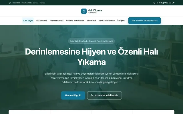 Merkez Petrol Turkuaz – Halı Yıkama Web Sitesi ana sayfa görünümü
