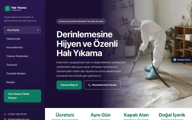 Halı Yıkama için Sol Menü Mor Turkuaz – Halı Yıkama Web Sitesi ana sayfa görünümü