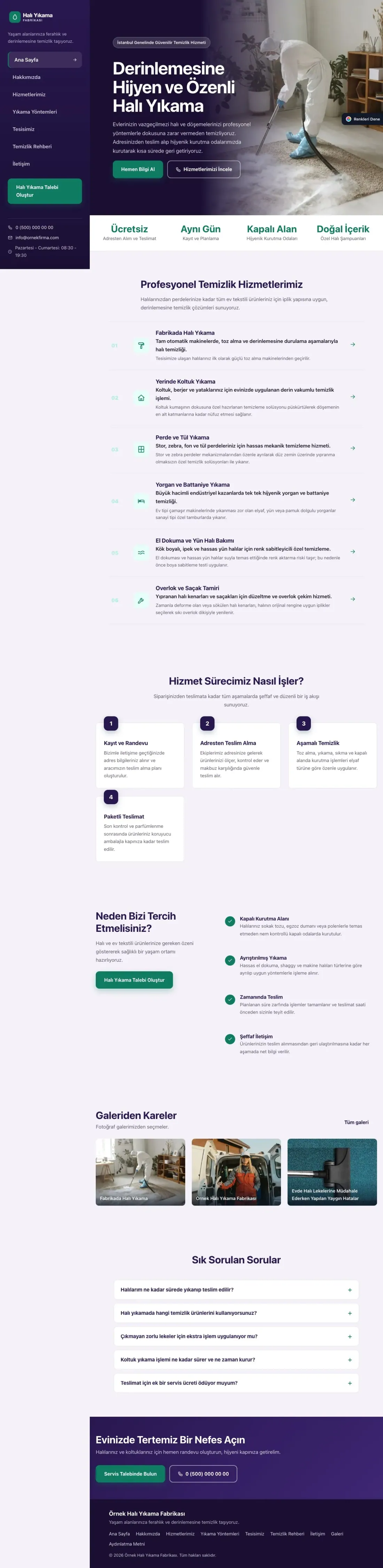 Halı Yıkama için Sol Menü Mor Turkuaz – Halı Yıkama Web Sitesi ana sayfa görünümü