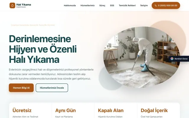 Halı Yıkama için Tek Sayfa Petrol Turuncu – Halı Yıkama Web Sitesi ana sayfa görünümü
